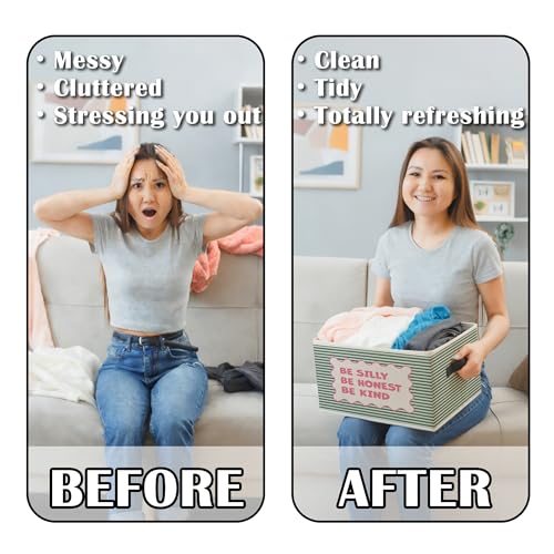 Inspirational Nursery Storage Bins Box with Handles, Be Silly Honest Kind Motivational Pink and Green Striped Collapsible Basket Organizer for Kids Room Bedroom Bathroom Books Clothes - color: Color24