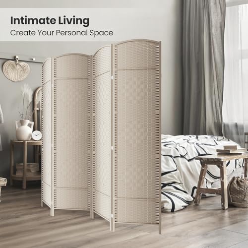 4 Panel Folding Room Divider,Woven Privacy Screen,Beige | Solid wood frame, handcrafted diamond pattern, 6FT tall, extends to 63 inches wide, no assembly required - color: Beige, size: 4-Panel