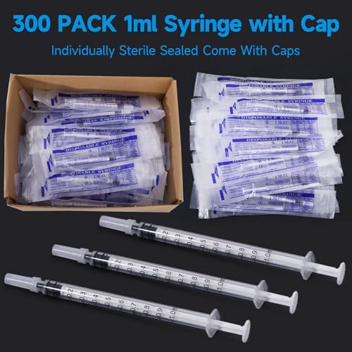 300 PCS 1ml Syringe Bulk with Cap,1cc Plastic Small Syringes with Cover, Liquid Measuring Syringe, Syringes Tools for Scientific Labs, Feeding Small Pets, Oil or Glue Applicator-Individually Sealed - style: 1ml