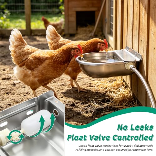 Automatic Livestock Waterer Bowl,304 Stainless Steel Float Valve Pet Bowl | 2.5L |Self Filling|for Large Dogs Chickens Horses|2 Drain Plug for Easy Clean|39''Pipe Fit 3/4'' GHT Male Faucet|Wall Mounted