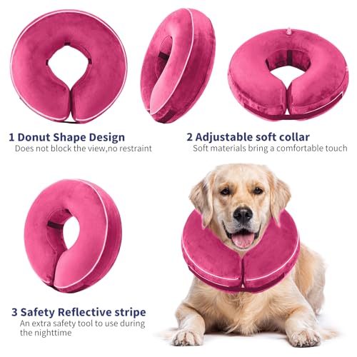 Inflatable Reflective Dog Cone Collar Alternative After Surgery,Doggie Recovery Dount Neck Ecollar,Adjustable Soft Dog Cone Collar for Small Medium Large Dogs (Pink, L) - color: Pink, size: Large（14"-16"）