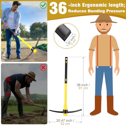 36 Inch Pick Mattock – Heavy Duty Rail Steel Garden Hoe with Fiberglass Handle, 2 in 1 Adze Hoe & Pick Axe for Digging, Landscaping, Yard Work, Outdoor