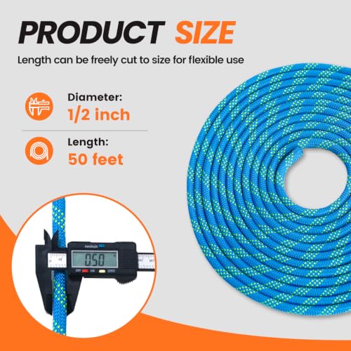 RIOOP Double Braid Polyester Rope, 1/2 in x 50 ft Heavy Duty Bull Rope | 48 Strands, 5290lbs Breaking Strength, for Tree Work, Camping, Hiking, Swing, Sailing and Indoor Outdoor Use, Blue - size: 1/2in x 50ft, style: Blue