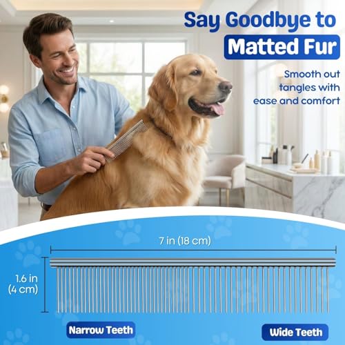 Flexzion Dog Comb, Stainless Steel Grooming Tool, 7 Inch, 40mm Teeth | Metal Comb for Dogs and Cats with Wide and Narrow Rounded Teeth to Detangle Knots and Remove Loose Hair From Medium Coats - size: Medium (40mm)