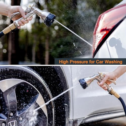 Heavy Duty Metal Garden Hose Nozzle, 7 Patterns, Rear Trigger | High pressure metal sprayer for garden, car wash, pet shower. Leak-proof, rustproof, ergonomic grip