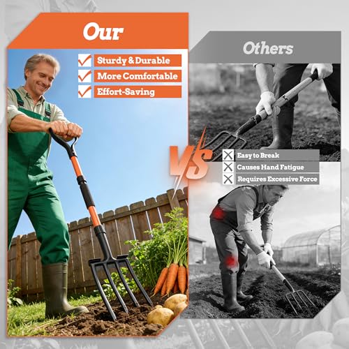 Garden Fork for Digging, 4-Tine Pitch Fork with Foot Step, Ergonomic Y-Handle & Comfortable Grip, Lightweight Durable Pitchfork for Soil Loosening, Compost, Mulch, Weeding & Potato Harvest - 43 Inches - size: 43-inchs