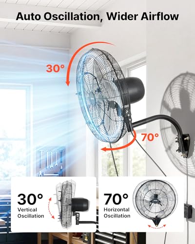 VEVOR Wall Mount Fan, 20 in Wall Mounted Hanging Fan with Oscillating & Mist, Remote, IP44-rated, 3-Speed, 18h Timer, Temperature Control, Powerful for Industry, Commercial, Garage, Workshop, Gym
