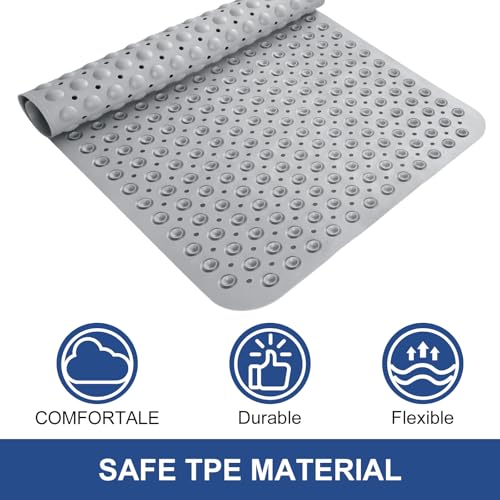 Shower Mat Non Slip: 34" x 23" Large Shower Mats for Inside Shower - Soft TPE Cuttable Anti Slip Shower Stall Mat with Drain Holes and Suction Cups - color: Gray, size: 34" x 23" (Rectangular)