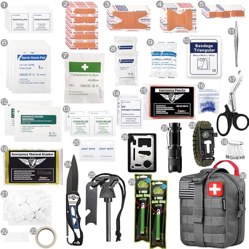 EVERLIT 250 Pcs Survival First Aid Kit | IFAK Outdoor Survival Kit Emergency Kit For Camping Hiking Hunting Earthquake Emergency Preparedness - color: Wolf Grey