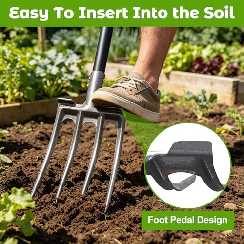 Pitch Fork, Metal Broadfork Garden Tool Long Handle, 4 Tine Mulch Hay Manure Digging Bedding Hay Potato Garden Fork Shovel for Gardening Loosening Soil Compost - size: 47"