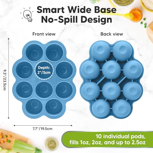 KeaBabies Silicone Food Freezer Trays with Lid, 2oz x 10 Pods (Misty Blue) | Baby Food Storage Containers, Easy Puree Meal Prep, Breast Milk Silicone Freezer Molds, Dishwasher, Microwave Safe, BPA-Free - color: Misty Blue