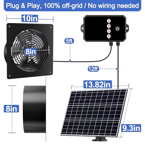 10-Inch 15W Solar Fan with Timer & Remote, Reversible Intake Exhaust Vent System for Chicken Coop, Greenhouse & Shed, Aluminum 6-Speed Airflow with 17ft Cable