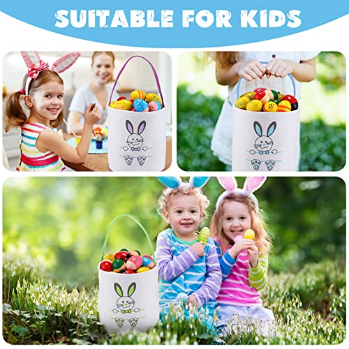 4 Pieces Easter Bunny Basket Egg Bags for Kids Cloth Tote Bags Canvas Cotton Empty Personalized Candy Egg Basket Bunny Print Buckets Carrying Presents and Eggs Hunt Bag Toys Bucket Boys Girls - style: Cute