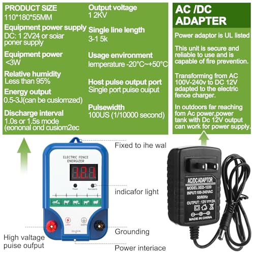 10 Mile Electric Fence Kit for Livestock, 3 Joule 12KV Fence Charger with LED Display, 3366 ft 9-Strand Polywire, 60 Insulators & Ground Rods, AC/DC Fencing System for Horse Cattle Pasture