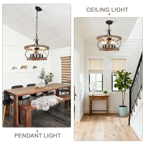 20'' Farmhouse Chandelier for Dining Room Rustic Chandelier | 5-Light Hanging Light Fixture over Table Wood Drum Pendant Hanging Lamp, Adjustable Height for Kitchen Entryway Living Room - color: 20" Wood Drum