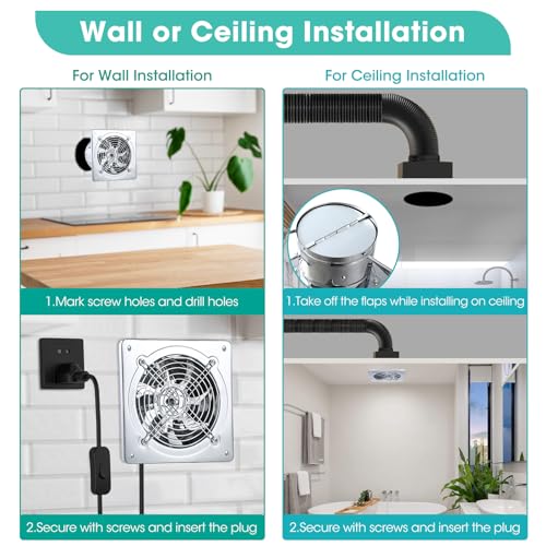 Saillong 2 Pack Silver 6 Inch Kitchen & Bathroom Wall Exhaust Fan - 308CFM Extractor Ventilation Fan with Damper & Low Noise Ceiling Mount for Garage Attic Window Ventilation, 110V