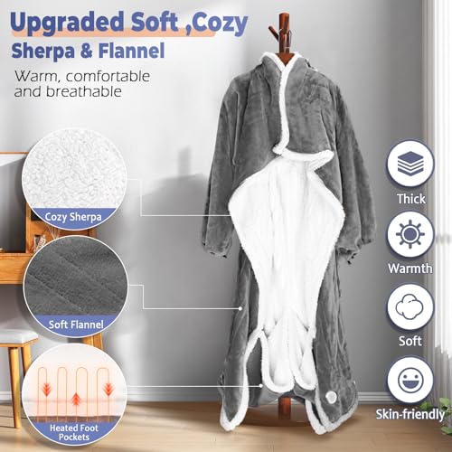 Wearable Heated Blanket with Foot Pocket, Electric Wearable Throw Blanket with Sleeves, Hood, Portable Heated Blanket with 8 Heat Settings, 1-10 Hours Auto Shut-off, Gift for Family, Friends, 50*70" - color: Light Gray
