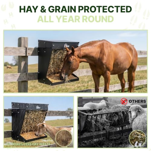 Wall Mount Hay Rack And Hay Feeder For Goats Sheep And Horses, Covered Galvanized Steel Goat Hay Feeder With Hinged Roof, 25 Gallon 2-In-1 No Waste Hanging Holder Grain Bin with hook For Cattle - color: Black