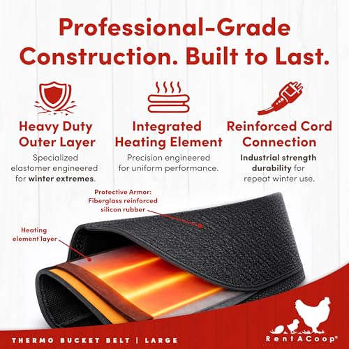 RentACoop Heated Chicken Waterer Belt for Winter, Thermo Bucket Heater Strap LG with Insulated Wrap for 2-5 Gal, 40W Energy Efficient, Safe to -10°F, Auto Thermostat - size: Large