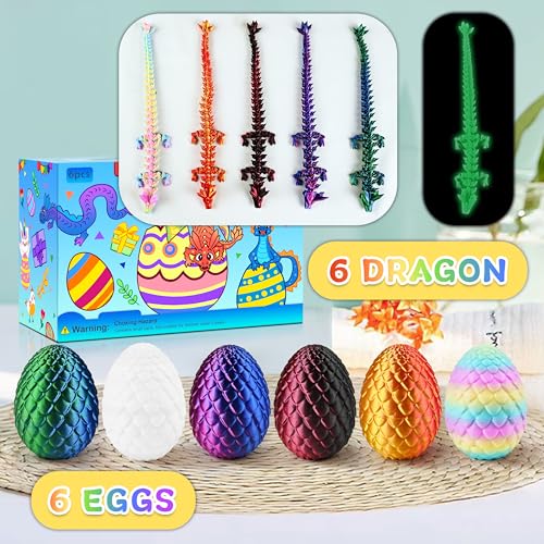 Impossmaker 8" 3D Printed Easter Dragon Eggs with 3D Printed Dragon Inside, Easter Basket Stuffers Mini Dragon Egg Set Articulated Crystal Dragon Fidget Toy for Adults Teens - style: 6P-S2