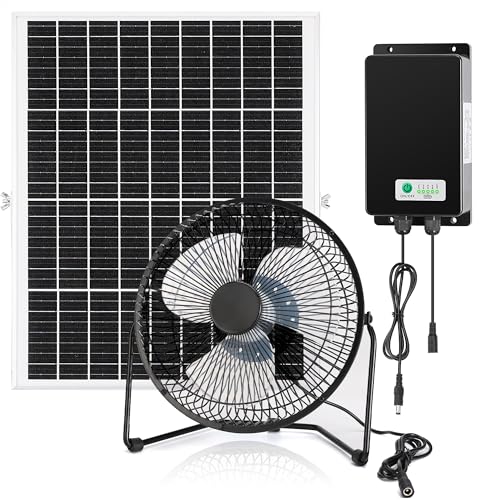 blessny 8" Solar Rechargeable Fan for Greenhouse, Chicken Coop, Pet House | 25W Solar Powered Floor Fan with 66.6 Wh Battery Backup for Outdoor Air Circulation Cooling