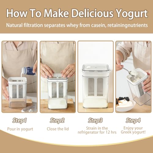 Greek Yogurt Strainer with Lid, 1100ml Large Capacity Yogurt Maker | Filter with Fine Mesh Bag, Whey Separator Kitchen Tool for Thick Yogurt Soybean Milk Kefir Cheese Soup Fruit Juice Coffee