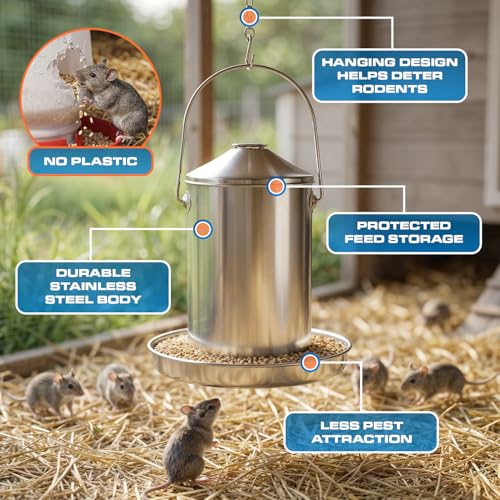Plexon 6.6 Lb Hanging Chicken Feeder Metal Chicken Feeder with Handle no Waste Food - Stainless Steel - Turkey Duck Poultry Feeder - Heavy Duty Feeding Equipment - Backyard Coop - Small - size: 6.6 LB