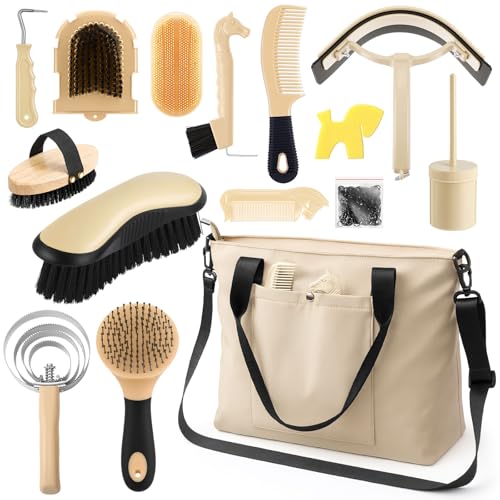 Abbylike 15 Pieces Horse Grooming Kit with Organizer Tote Bag Tack Room Supplies Horse Brush Sets Care Equine Cleaning Kit Shedding Grooming Massaging Tools (Beige) - color: Beige