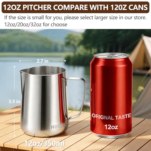 HOOMIL Milk Frothing Pitcher, 12oz/20oz/32oz 304 Stainless Steel | Steaming Pitcher with Clear Scale, Barista Milk Frother Cup Jug for Espresso Machine Coffee Cappuccino Latte Art - 12oz - color: Silver, size: 12 Ounces