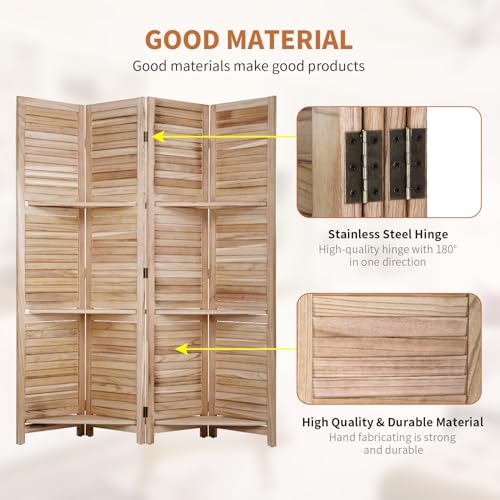 Room Divider 4 Panel Folding Wood 5.6 Ft Tall Privacy Screen Dividers Wall with Three Shelves Portable Partition (Natural) - color: Natural