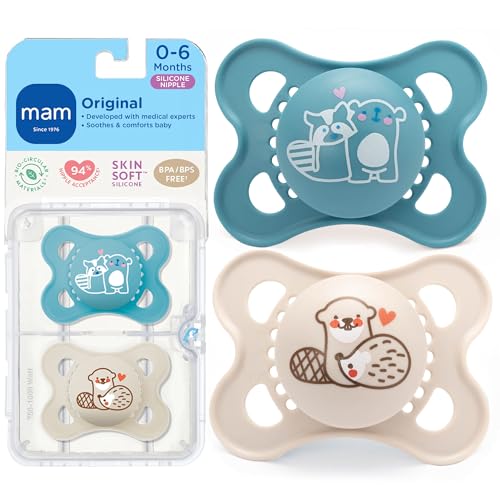 MAM Original Baby Pacifier 0-6 Mths, Skin Soft Silicone Nipple, 2 Pack - color: Blue Teal/Cotton 1, size: 2 Count (Pack of 1)