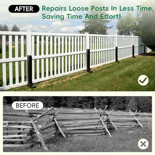 4 Pack Strong Fence Post Repair Kits with One-Piece Steel Anchor & Stakes | Easy to Install - Quick Fix Broken/Leaning Wood Posts Support, Heavy Duty Double-Layer Thickened Fence Post Anchors - color: Black