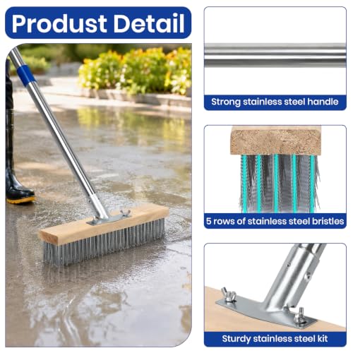 Stainless Steel Deck Scrub Brush, Outdoor Broom for Concrete, Deck, Cement Floor Cleaning, 56" Long Handled Heavy Duty Floor Scrubber
