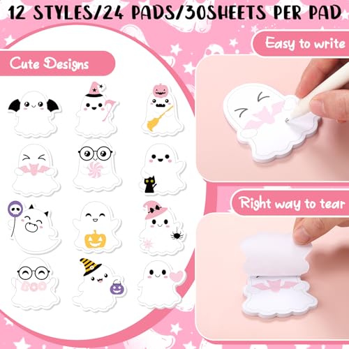 Yinder 24 Pads Kawaii Ghost Sticky Notes Fun Cartoon Memo for School | Cute Animal Designs with Cat Pumpkin Candy, Self Adhesive Memo Pad for Office Party Supplies, Bulk Gift for Students - style: Ghost