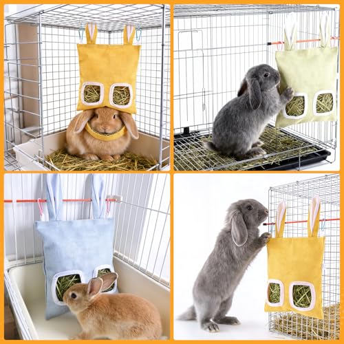 2 Pack Rabbit Guinea Pig Hay Feeder, Cute Bunny Hay Bag, Hanging Hay Holder for Guinea Pig Cage, Hay Feeder for Rabbits Chinchillas Hamsters Small Pets and Animals (Yellow & Blue)