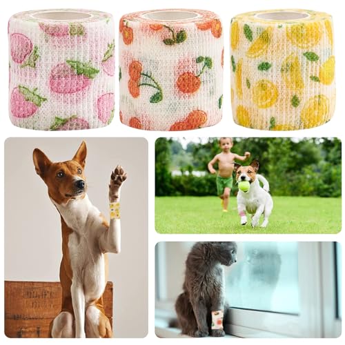 6 Rolls Self-Adhesive Bandage Wrap Non-Woven Vet Wrap Cohesive 2Inchx5yard for Dogs Cats Horse Leg Pet Animals Wounds Wrist Healing Sprains & Swelling Fruit Print - color: 6Rolls 2Inchx5yard Fruit