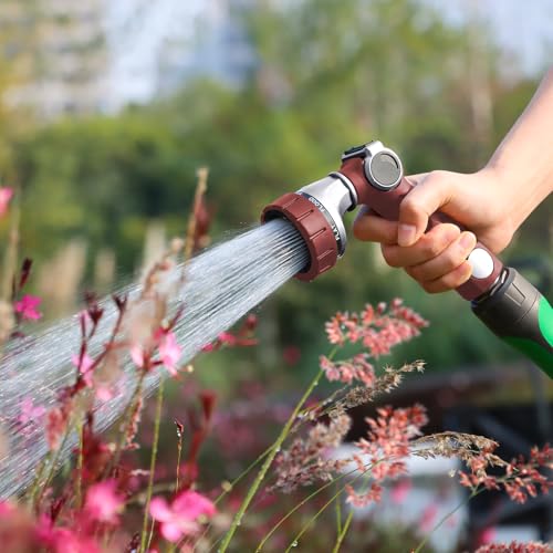 RESTMO Heavy Duty Hose Nozzle, Metal Garden Water Hose Sprayer | 7 Watering Patterns, Thumb Control, On Off Valve, Leak Proof Nozzle Sprayer for Watering Plants, Car & Pet Washing, Red - color: Red