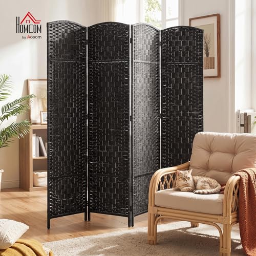 HOMCOM Room Divider 4-Panel, 6FT-Tall Folding Privacy Screen, Coffee | Freestanding Partition, Hand-Woven Design, for Room Separation, 360° Hinges, Paper Rope Diamond Weave - color: Coffee, size: 4 Panel