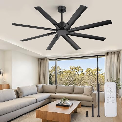 ZMISHIBO 65 Inch Ceiling Fan without Light, 8 Aluminum Reversible Blades | Industrial-Grade, DC Motor, Damp Rated, 6 Speeds, Remote Control, 3 Downrods, Flat/Sloped Ceiling, Living Room, Patio, Gym - color: Black, size: 65inch