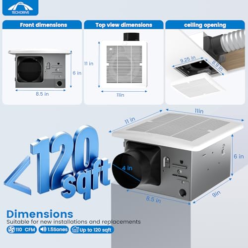 Tech Drive Bathroom Exhaust fan,110 CFM,1.5Sone,4-Inch Duct, | Very Quiet,No Attic access Needed Installation,HVI and Energy Star Certified,Easy to Install, White Grille - size: 110CFM 1.5Sone