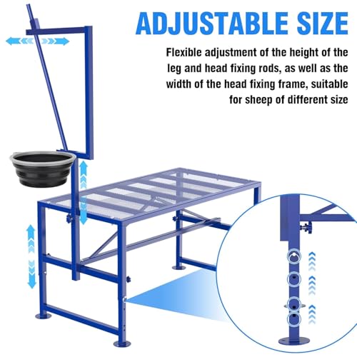 600 LBs Goat Stand with Feed Bin, Goat Milking Stand for Sheep Trimming and Milking, Hoof Trimming Stand Adjustable Size, with Feeder, Iron Blue - color: Blue, size: L - 47 inch