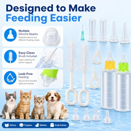 Tondiamo 17 Pcs Kitten Bottle Feeding Kit Puppy Bottles for Nursing Puppy Milk with Nipples Cleaning Brushes Bottle Opening Needles Hand Feeding Supplies for Newborn Small Pet, Yellow, Green - color: Yellow, Green