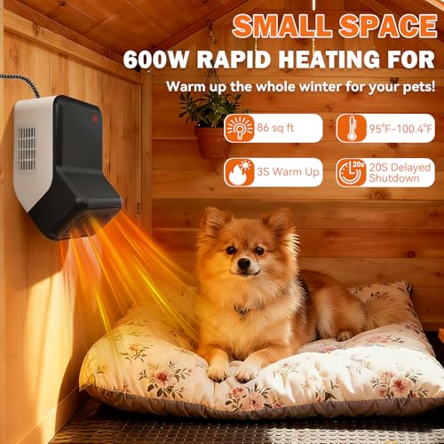 Dog house heater for chicken coop pet, adjustable temperature of 300W/600W for winter warmth, low noise, overheat protection, bite-proof wires, suitable for indoor and outdoor use