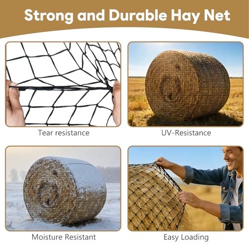 5×5 FT Round Bale Hay Net for Horses & Goats, Heavy Duty Knotless Slow Feed Hay Nets, 1.75" Mesh, Weather Resistant Round Bale Net with Repair Kit for Pasture and Barn - size: 5*5FT