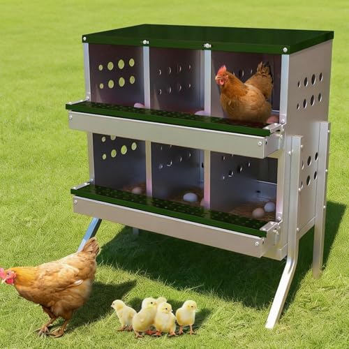 GarveeTech Chicken Nesting Box for Laying Eggs, 6 Compartment Galvanized Steel Laying Boxes for Hens with Front Access Tray, Easy Wall Mount, Includes 6 Training Eggs - color: Green