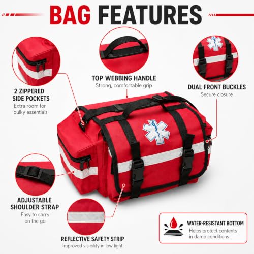 NOVAMEDIC NM-RO63P Professional First Responder Bag, 17” x 9” x 7” Empty EMT Trauma Kit Carrier with Removable Dividers, Reflective Strips, Water-Resistant Base for Emergency Medical Supplies (Red) - color: Red