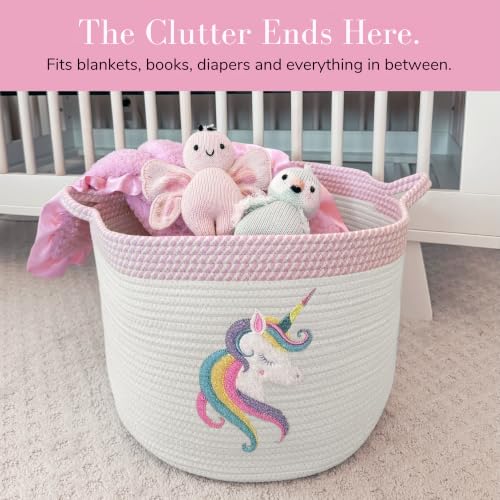 Unicorn Baby Storage Basket, Woven Cotton Rope Nursery Bin, 15x11 in | Stuffed Animal and Blanket Storage, Soft Felt Unicorn Patch, Baby Girl Room Decor, Shower Gift, Kids Playroom Organizer - color: Unicorn