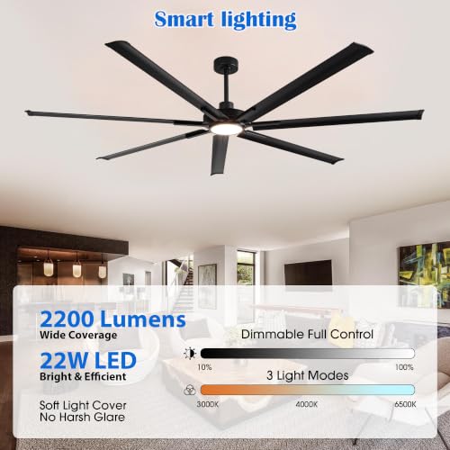 100" HVLS Ceiling Fan with Light/Remote, Large Rooms, DC Motor | High-Volume Air Circulation Large Open-Space 24W 3CCT Dimmable LED Aluminum Blades Reversible High Ceiling - color: Black, size: 100-inch