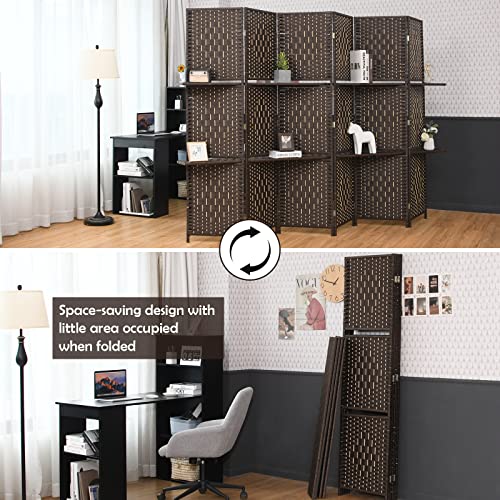 Giantex 6Ft 6 Panel Room Divider with Shelves, Freestanding Hand-Woven Rattan Folding Privacy Screens for Room Separation, Wooden Partition Room Divider Wall for Home Office Studio Separator - color: Brown