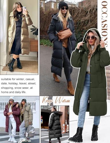 Women Long Puffer Coat Winter Warm Hooded Jacket Long Sleeve Parka Full Length Down Coats With Zip - color: Army Green, size: Medium